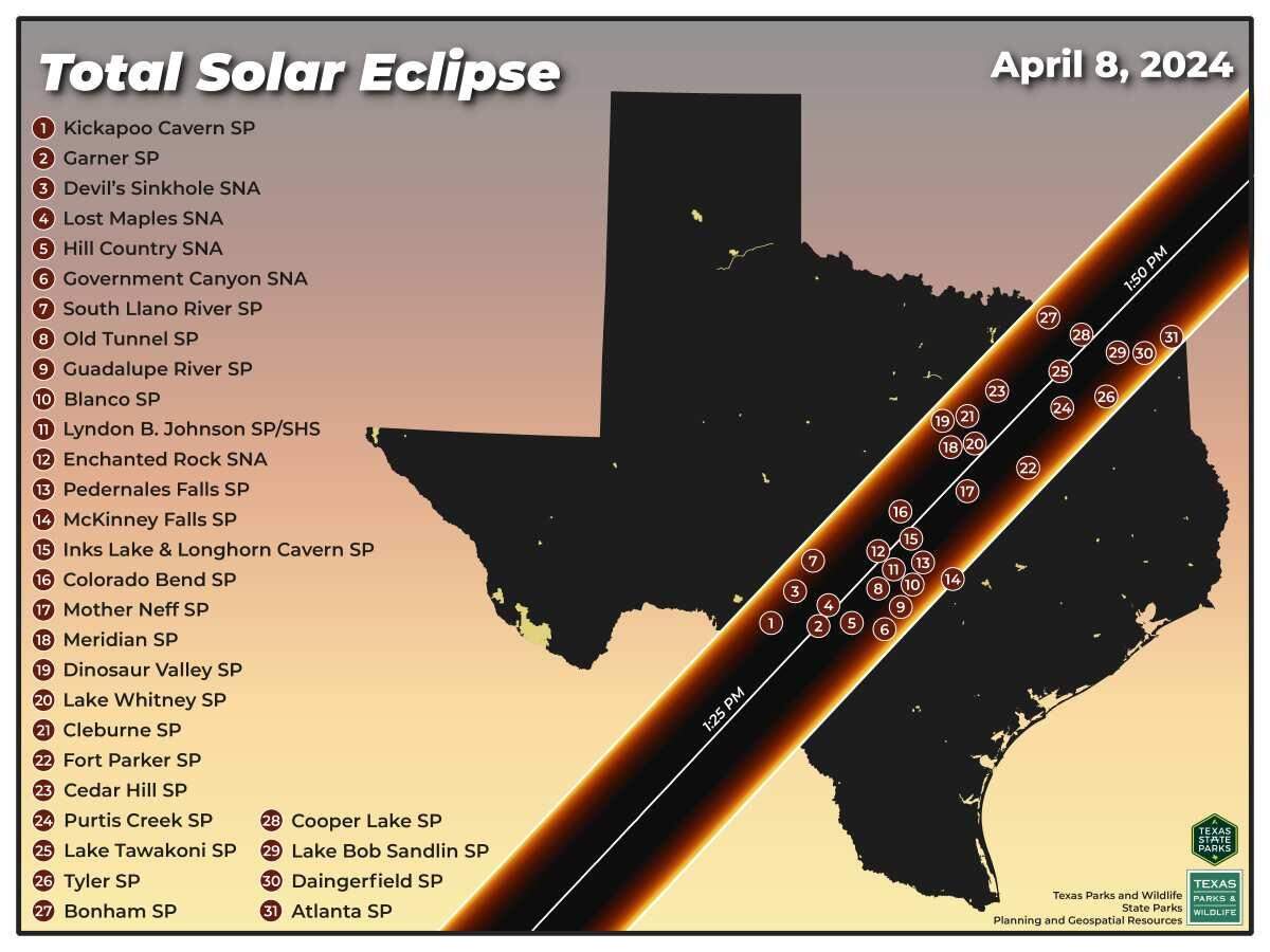 Texas State Park Total Eclipse pathway according to Texas Park and Wildlife Department.