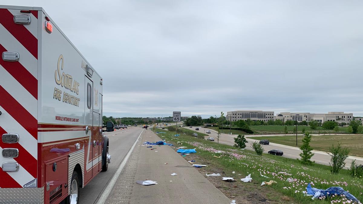 Spilled medical waste lies on Highway 114 in Southlake, TX after someone lost or dumped the debris into the road, according to Southlake DPS. The road was closed for almost three hours as crews removed the contaminated items.