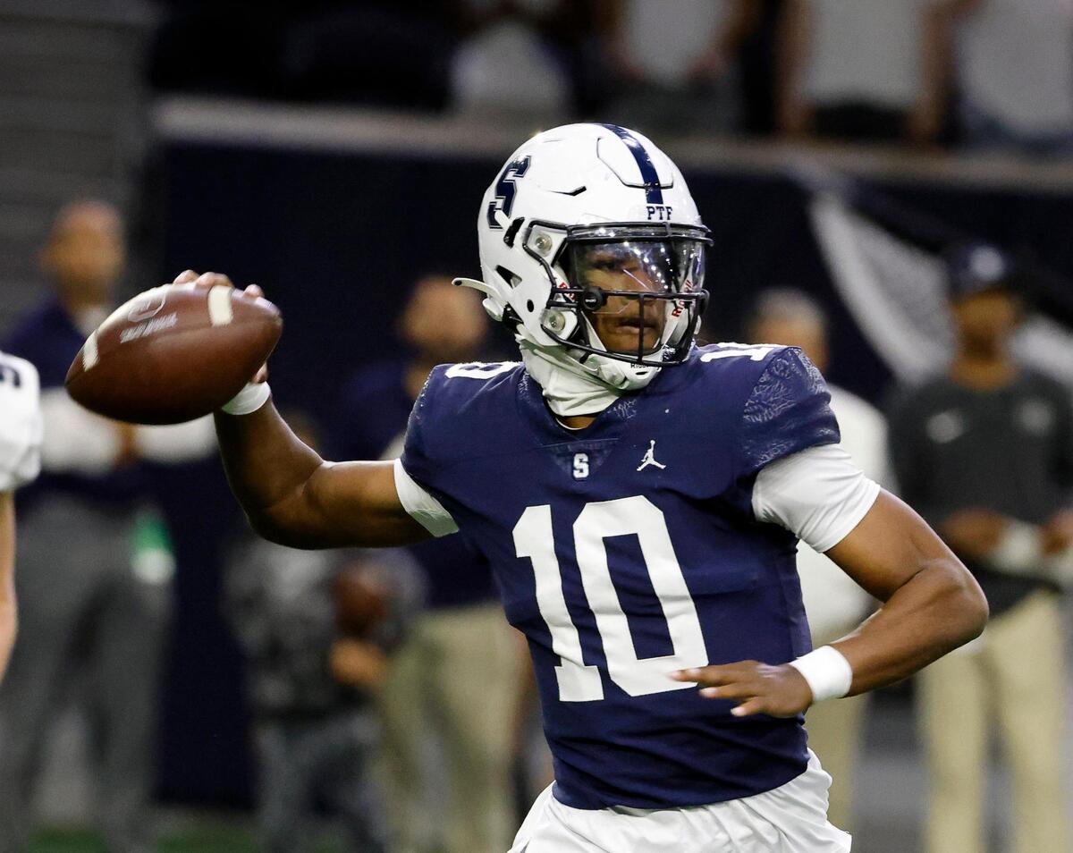 All Saints quarterback Kelden Ryan (10) tosses a completion in a TAPPS Region 2 semi-final football playoff game at The Ford Center in Frisco, Texas, Saturday, Oct. 25, 2023.
