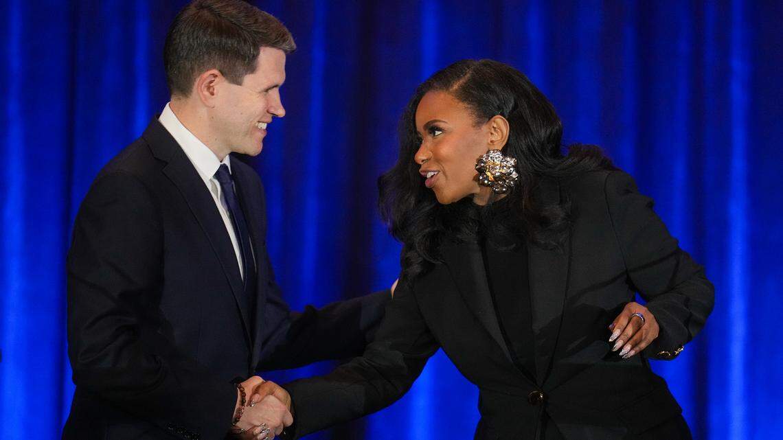 State Rep. James Talarico, left, and U.S. Rep. Jasmine Crockett, Democratic primary candidates for U.S. Senate, shake hands prior to a debate at the Texas AFL-CIO COPE Convention in Georgetown, Texas on Saturday, Jan. 24, 2026. State Rep. James Talarico, left, and U.S. Rep. Jasmine Crockett, Democratic primary candidates for U.S. Senate, shake hands prior to a debate at the Texas AFL-CIO COPE Convention in Georgetown, Texas on Saturday, Jan. 24, 2026.