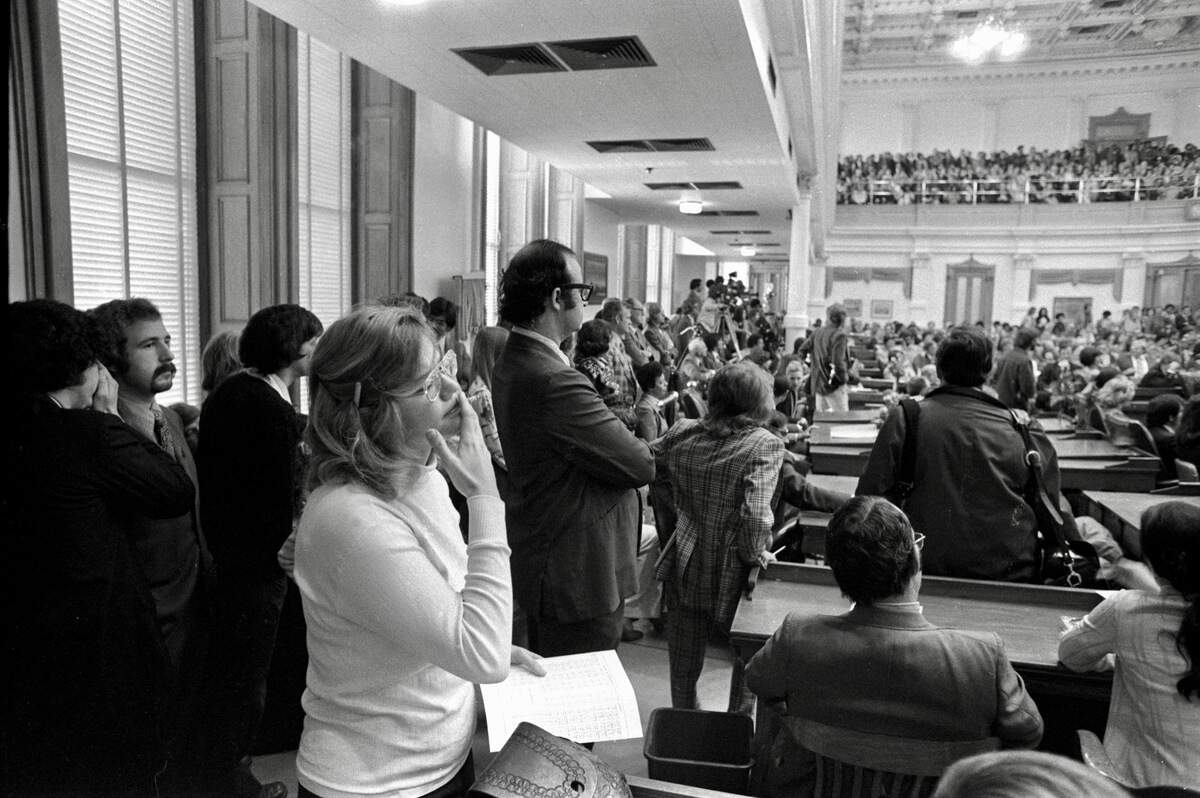 Molly Ivins on the floor of the Texas Legislature in “Raise Hell: The Life & Times of Molly Ivins,” a Magnolia Pictures release.