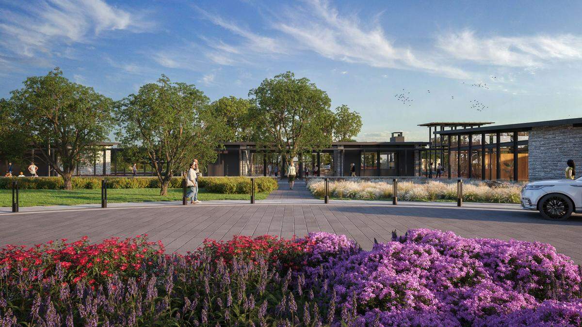 A rendering of the entrance to the amenity center for the new Landmark by Hillwood development.