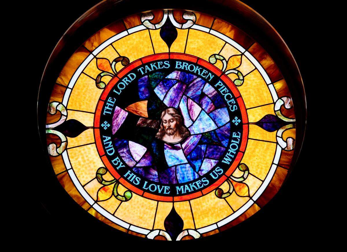 Stained glass window in the new First United Methodist Church chapel depicts a scene from the aftermath of the Murrah Federal Building Bombing, where they found the face of Jesus in a pile of rubble, shown Thursday, March 13, 2025. First United Methodist was heavily damaged during the Oklahoma City Bombing April 19, 1985.