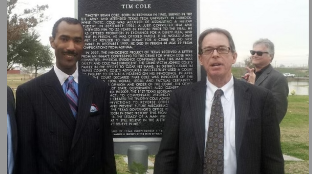 Cory Session (left) and Jeff Blackburn (right) attended the dedication ceremony of the historical marker at Timothy Cole’s grave. Cole, who was from Fort Worth, was wrongfully convicted on a sexual assault charge and died in prison in 1999. Session, who is Cole’s brother, fought alongside Blackburn to clear Cole’s name. Cole received a posthumous pardon because of their efforts. Blackburn died on Tuesday from cancer at 65 years old.