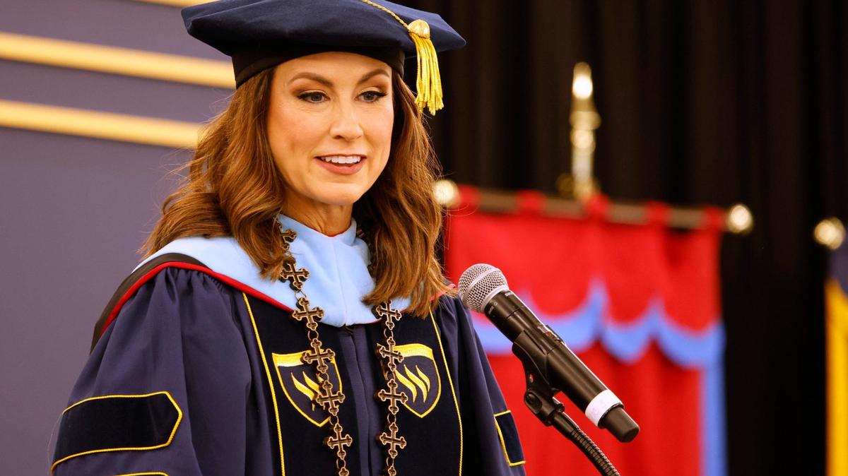 Emily W. Messer speaks during her investiture as the 21st and first female president in Texas Wesleyan history on Friday. Messer’s family and a large contingency from Alabama were in attendance.