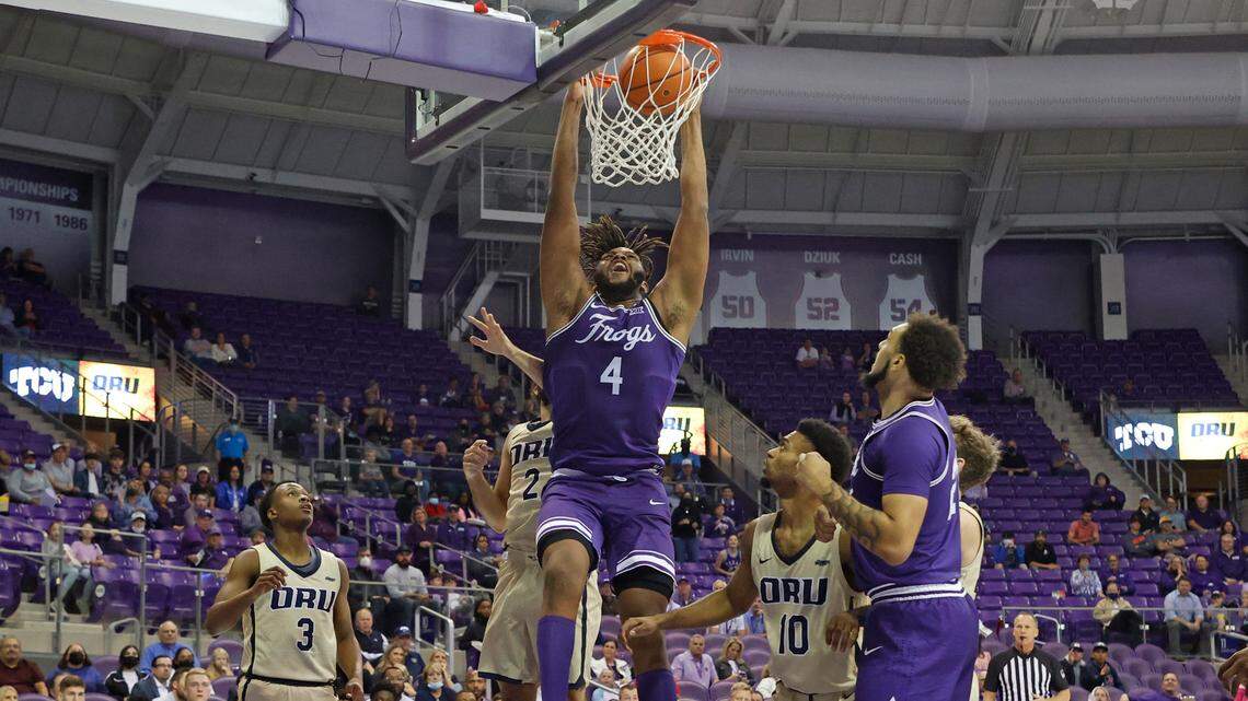 TCU center Eddie Lampkin throws down a dunk against Oral Roberts on Thursday night at Schollmaier Arena.