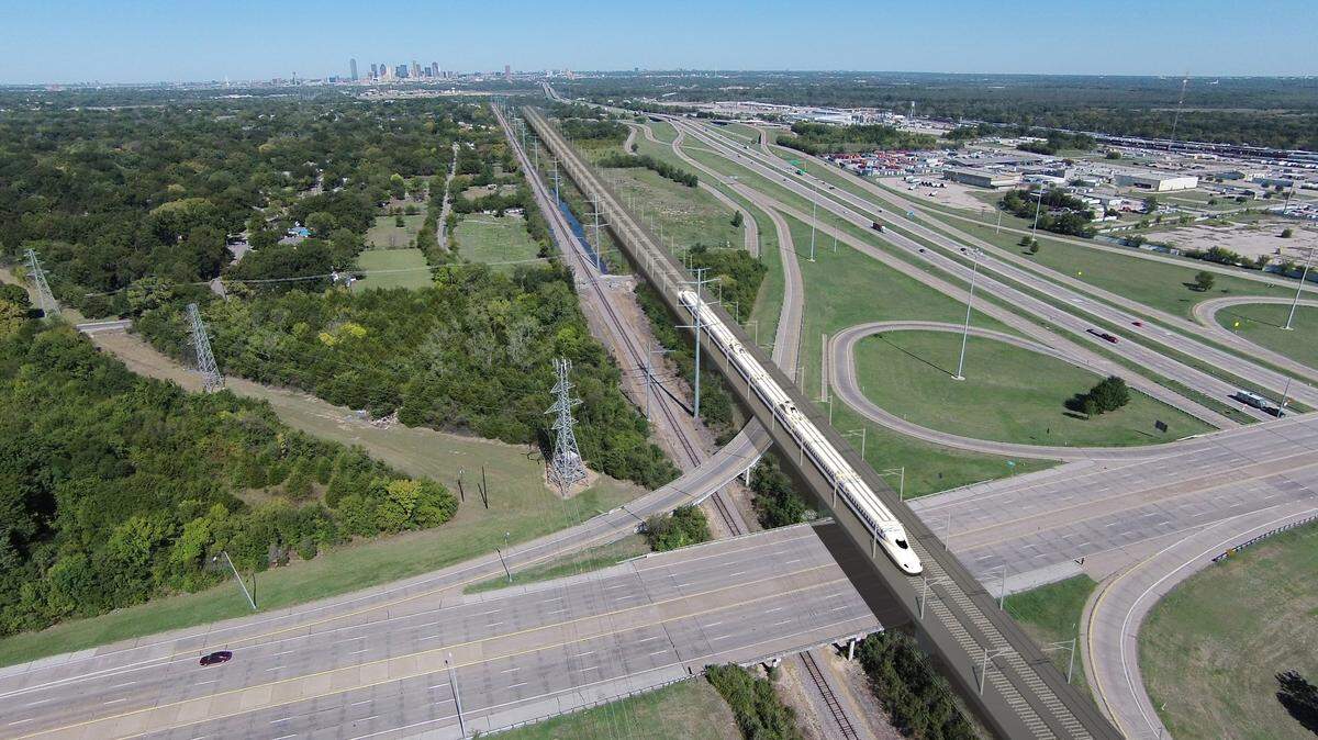 Rendering of the Texas Central high-speed bullet train with Dallas in the background.