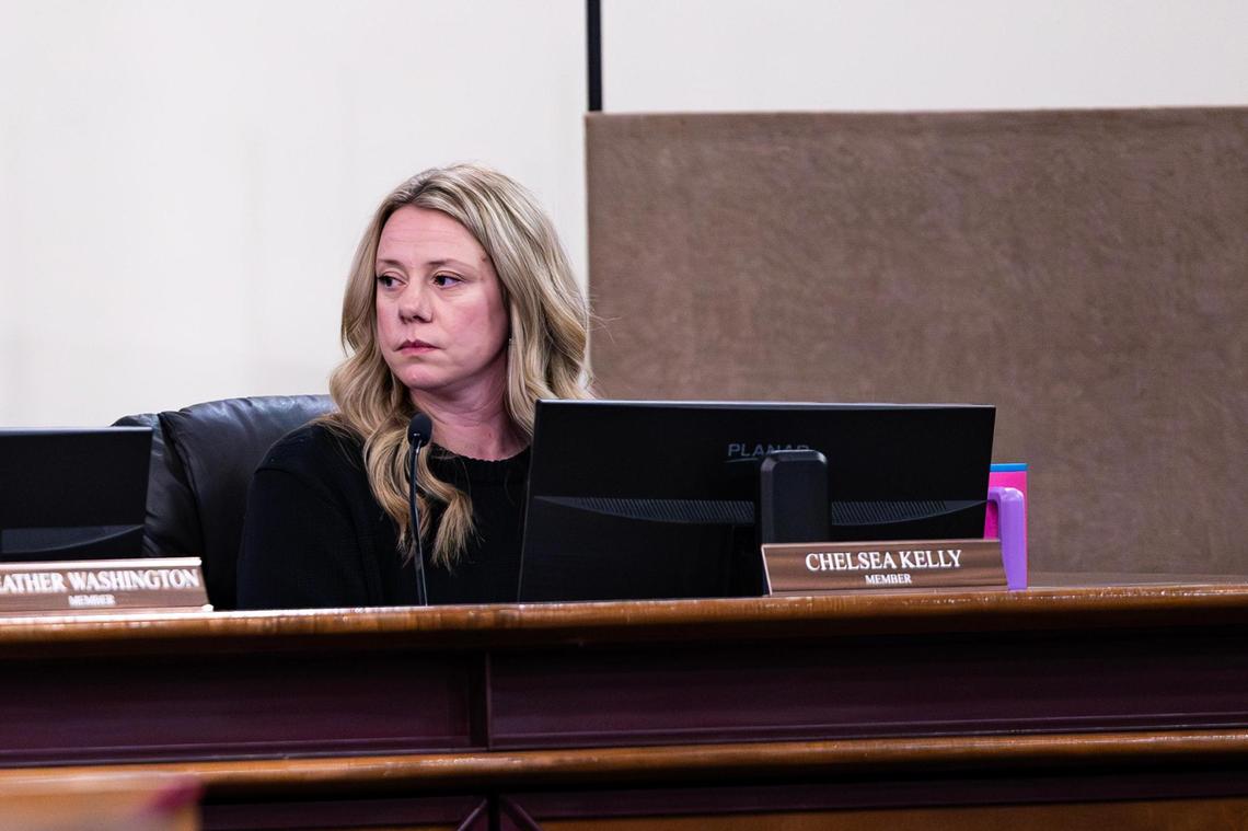 Keller ISD Board Member Chelsea Kelly looks on at her fellow board members in a special meeting regarding the possible split of the Keller Independent School District at the Keller ISD Education Center in Keller on Thursday, Jan. 16, 2025.