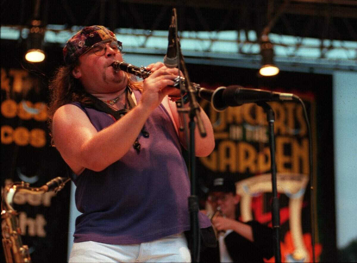 June 20, 1999: Jeffrey Barnes of Brave Combo plays at the Concerts in the Garden series at the Fort Worth Botanic Garden.