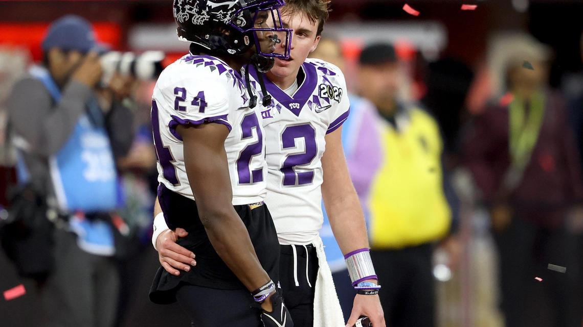 TCU quarterback Chandler Morris, right, comforts cornerback Josh Newton following their teams loss at the 2023 College Football Playoff National Championship in January. TCU begins spring football practice on Monday.