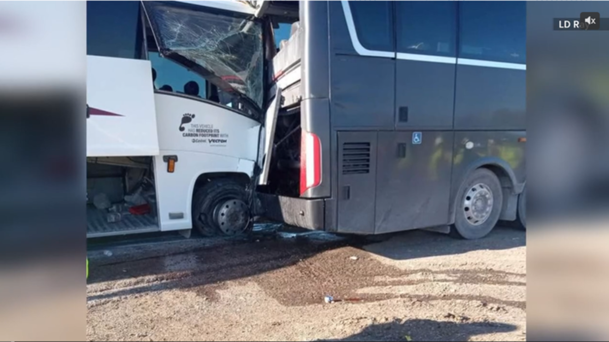 Two of the Hotard Coaches charter buses involved in a collision in Port Arthur, Texas, on March 5.