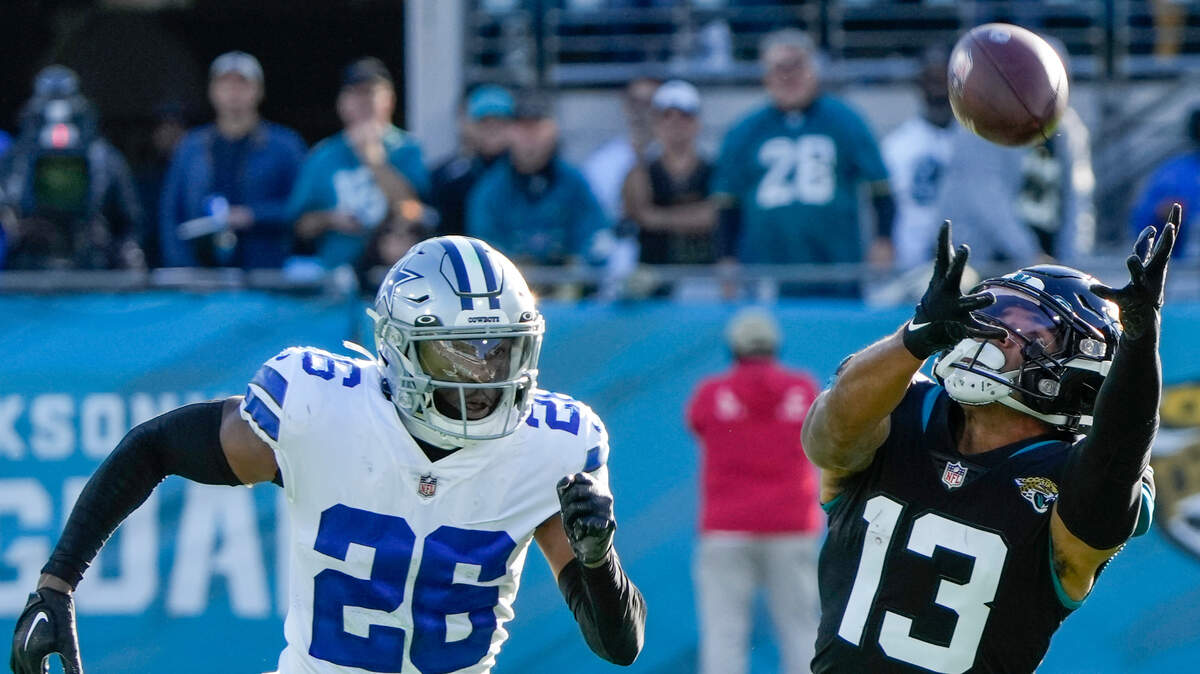 Jacksonville Jaguars wide receiver Christian Kirk (13) makes a catch against Dallas Cowboys cornerback DaRon Bland (26) on Sunday.