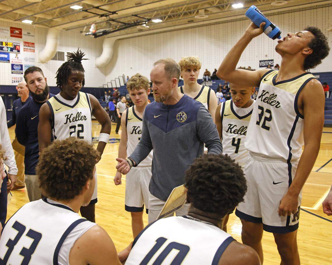 Keller head coach Zachary Weir talks to the team during a timeout in the first half of a UIL boys basketball game between L.D. Bell and Keller at Keller High School in Keller, Texas, Friday Jan. 16, 2026