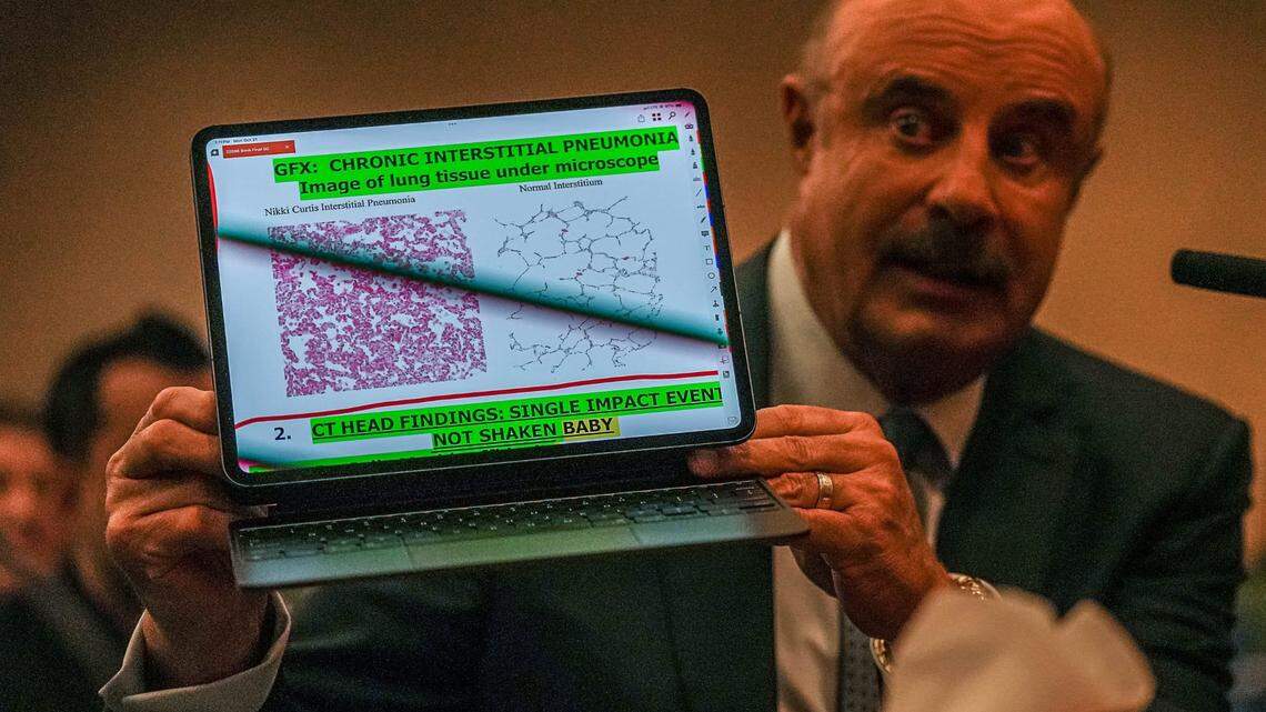 Dr. Phil McGraw testifies to the Texas House of Representatives Committee on Judiciary and Civil Jurisprudence on the trial of Robert Roberson in the Capitol Extension on Monday, Oct. 24, 2024. McGraw held up a laptop showing an image of lung tissue of Nikki Curtis, Robert Roberson's daughter. Roberson was convicted and sentenced to death for the death of his daugher in 2002.
