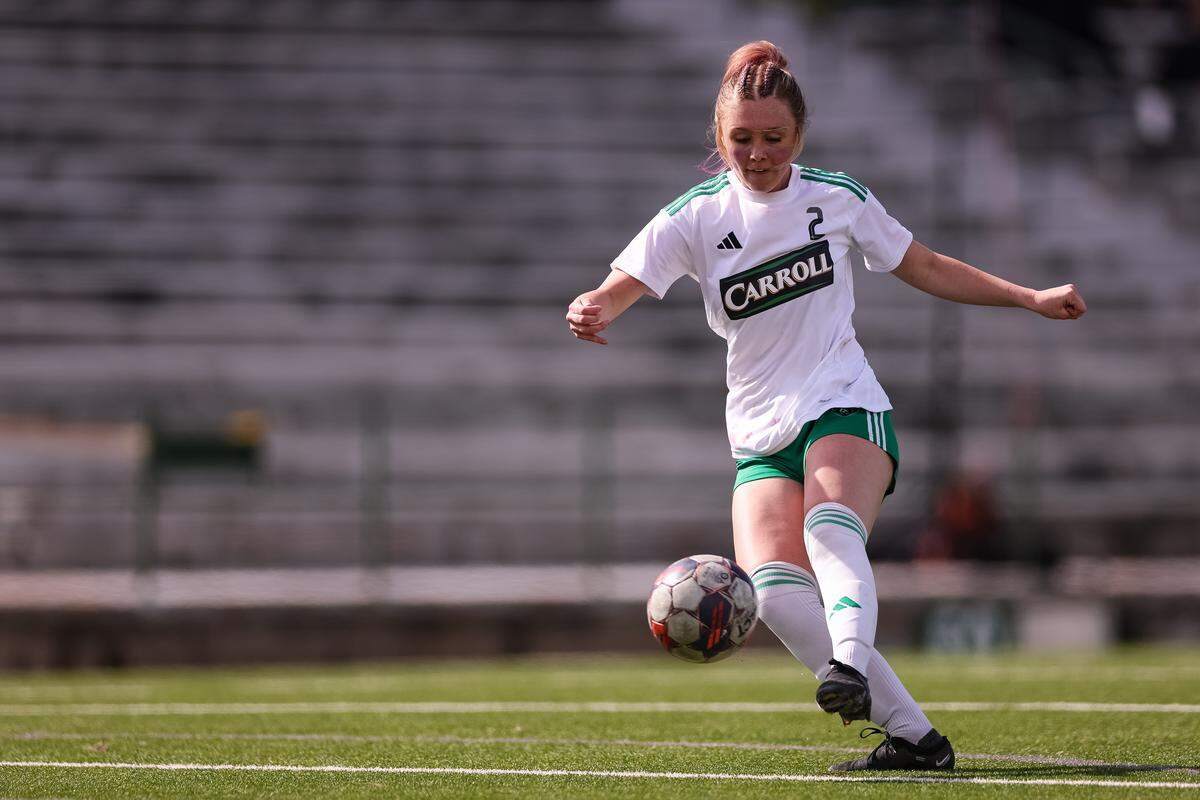 Southlake Carroll midfielder Macie Colvin (2) attempts to make a pass against Forney in a UIL Class 6A Division 2 girls soccer state semifinal on Saturday, April 4, 2026, at Memorial Stadium in Mesquite, Texas.