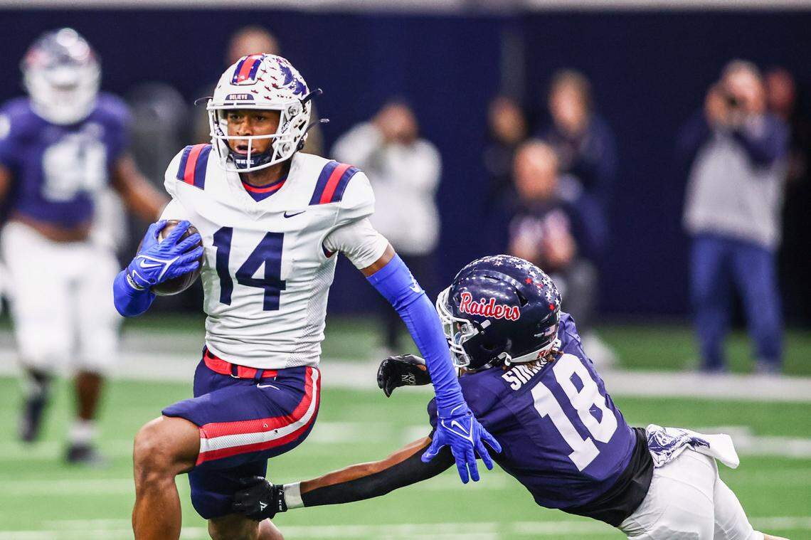 Richland receiver Xavier Johnson runs around Ryan’s Byran Simmons in Saturday’s regional semifinal game at the Ford Center in Frisco. Special to the Star-Telegram / Tom Marvin