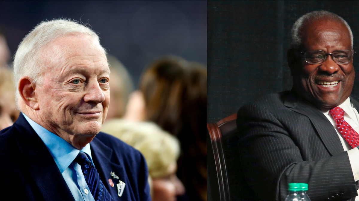 A composite photo of Dallas Cowboys team owner Jerry Jones and Supreme court Justice Clarence Thomas. A close-up of Jones wearing a blue suit standing on a football field looking off-camera, next to a close-up of Thomas sitting in a chair wearing a pinstripe suit, clapping. 