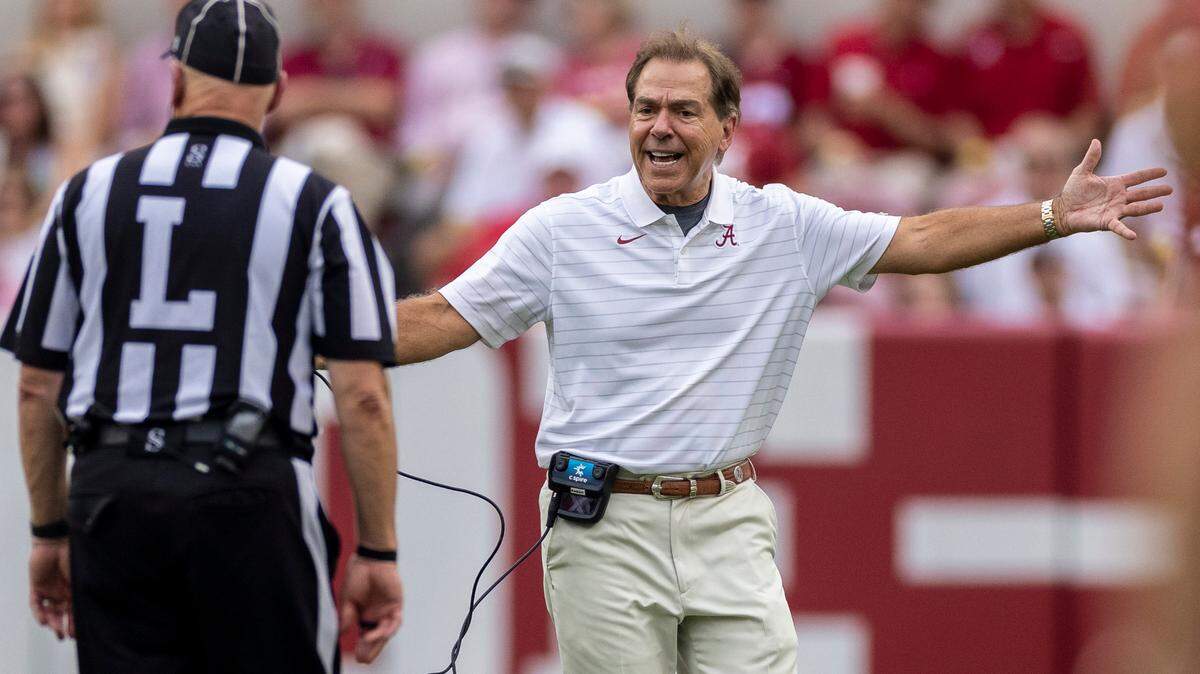 Alabama head coach Nick Saban argues a call during a college football game.