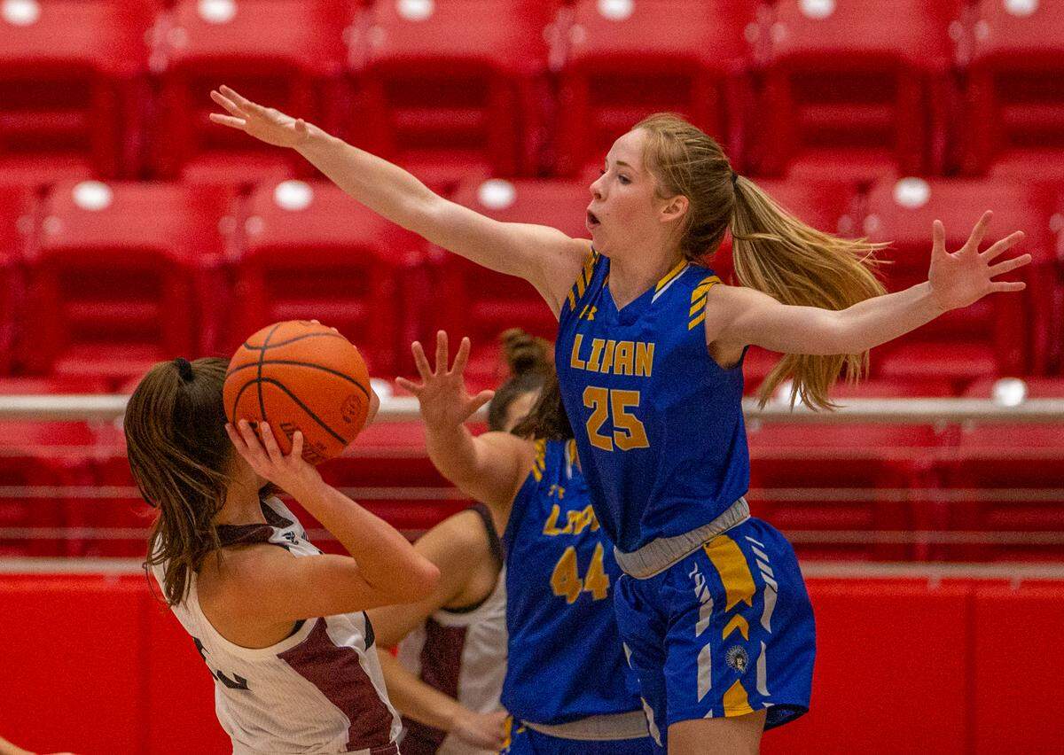 Lipan’s Chelsea Lott blocks a shot in the Lady Indians’ bruising, 60-51, victory over the Lady Mustangs of Martin’s Mill in Glen Rose in 2021.