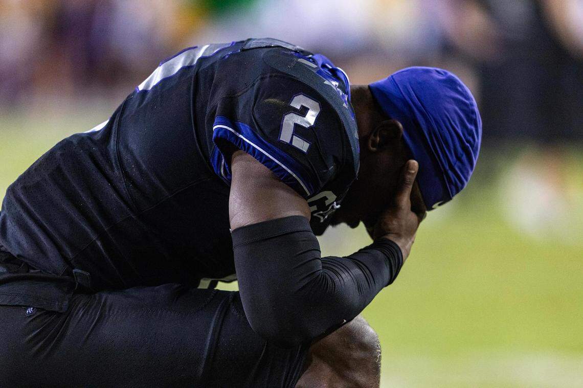 TCU cornerback Josh Newton (2) reacts to losing 24-21 in a Big XII conference game against the West Virginia Mountaineers at Amon G. Carter Stadium in Fort Worth on Saturday, Sept. 30, 2023.