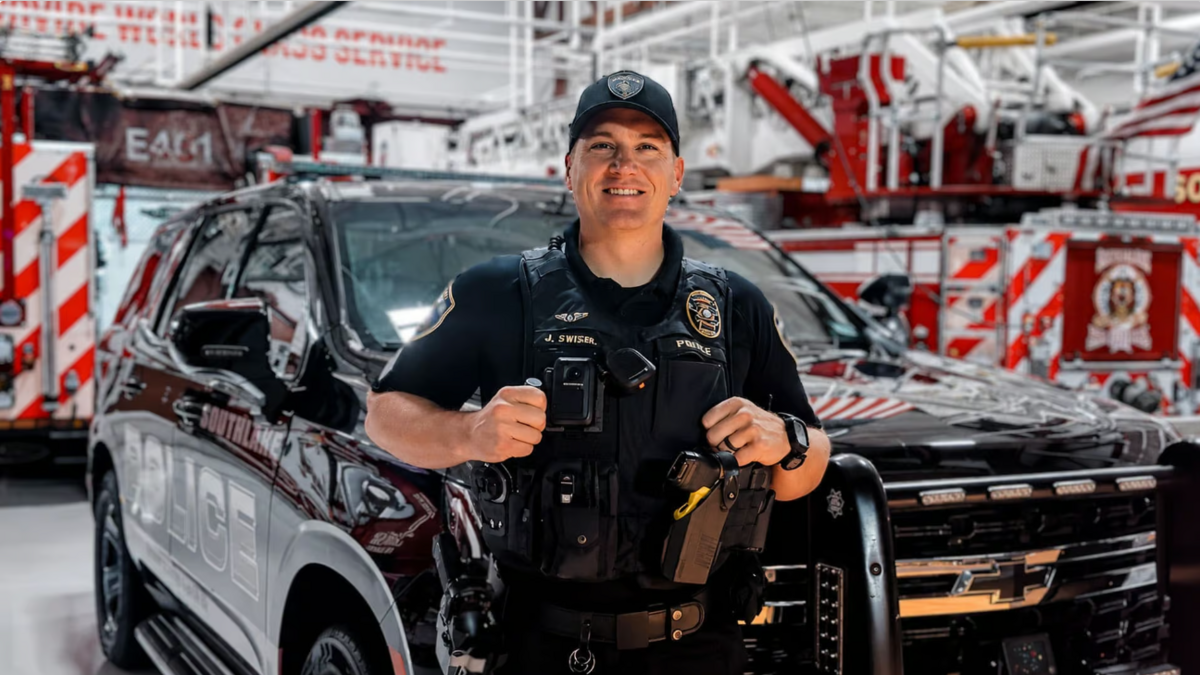 Cpl. Joshua Swisher was presented with the Southlake Police Department’s Meritorious Conduct Award after his actions on June 7 to save a driver from a burning vehicle.