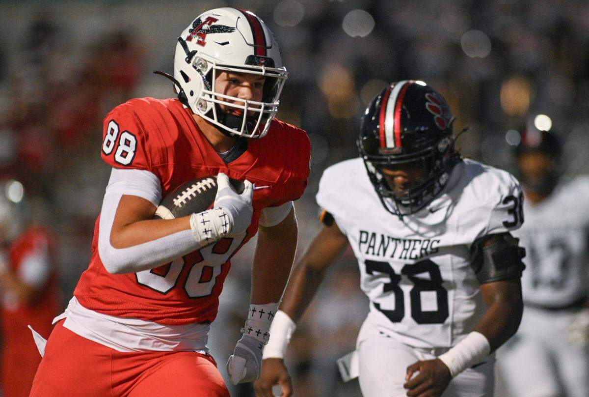 Argyle tight-end Braden Bach (88) runs in for a touchdown during a UIL football game against Colleyville Heritage at Eagle Stadium in Argyle, Texas on Friday, Sept. 27, 2024.