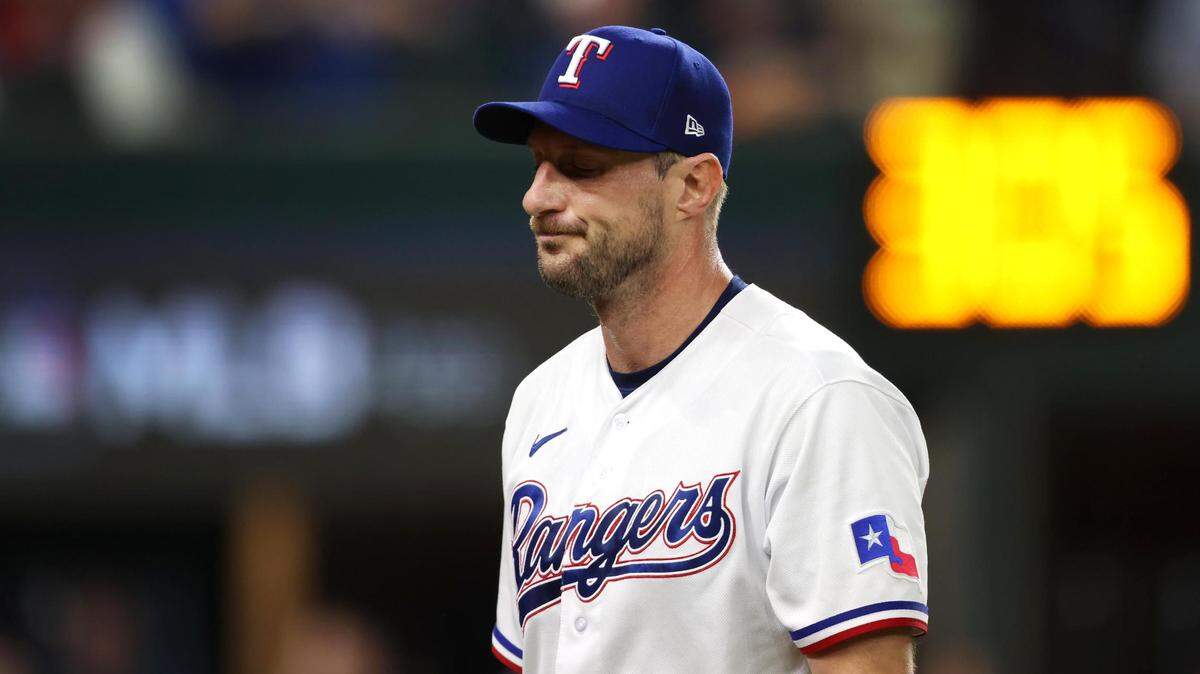 Texas Rangers starting pitcher Max Scherzer reacts in the third inning against the Houston Astros in Game 3 of the ALCS on Wednesday, October 18, 2023, at Globe Life Field in Arlington.