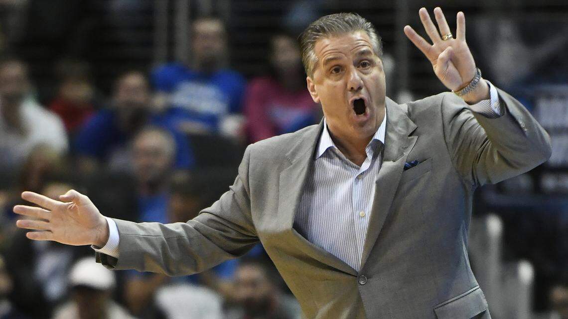 Kentucky head coach John Calipari speaks during the first half of a regional semifinal NCAA college basketball game against Kansas State, Thursday, March 22, 2018, in Atlanta.