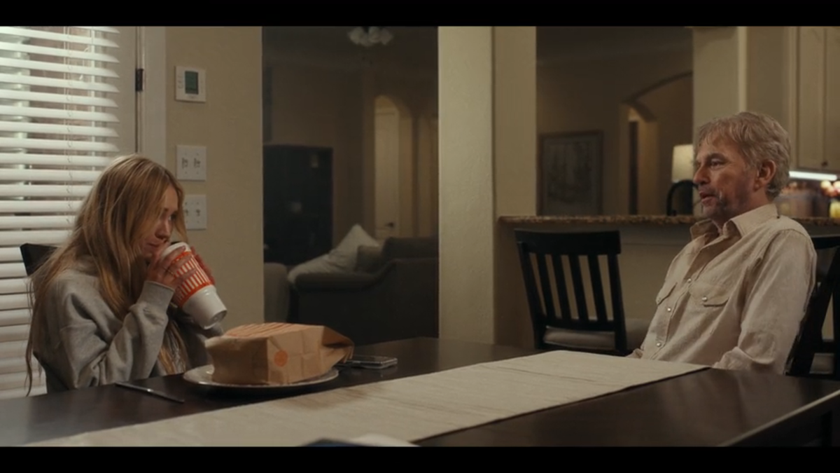Ainsley (Michelle Randolph) and Tommy (Billy Bob Thornton) chat over Whataburger in “Landman” episode 2.