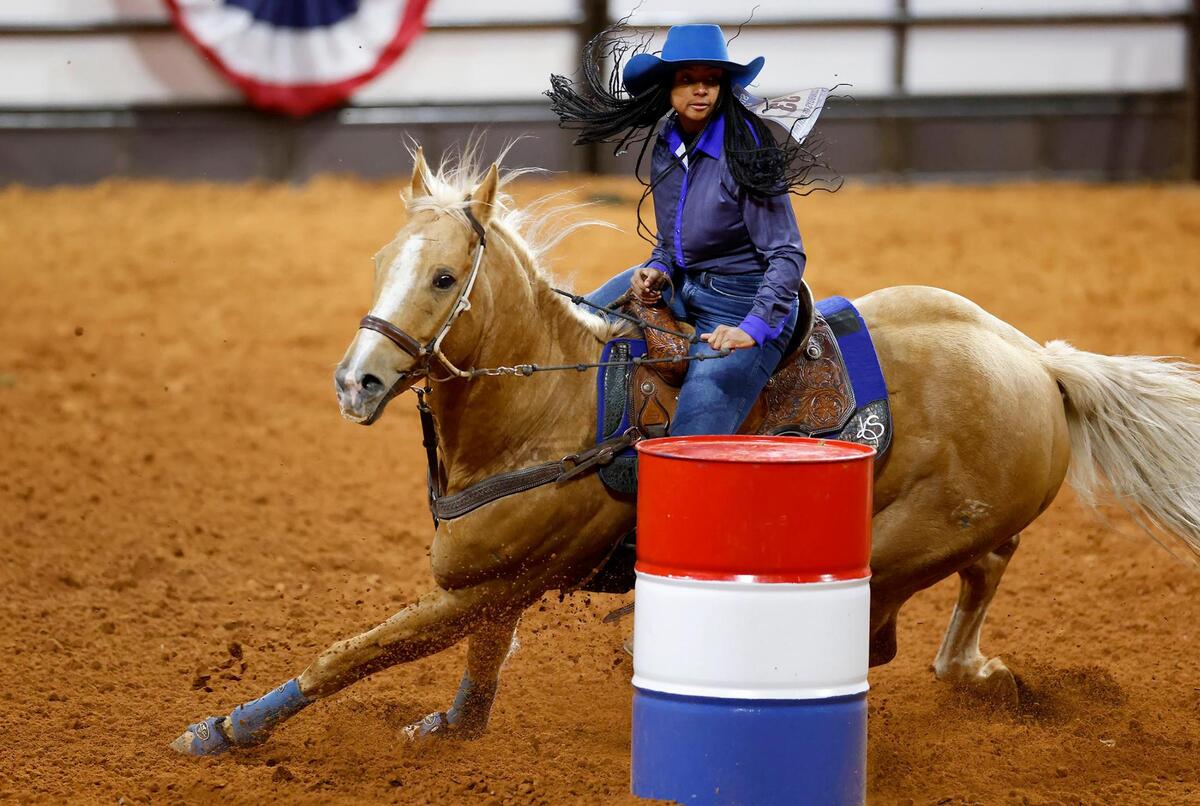 Kailee Howel of Conroe competes in the barrel racing event of the Cowboys Color Rodeo on Monday, Jan. 20, 2025, at the Fort Worth Stock Show & Rodeo.