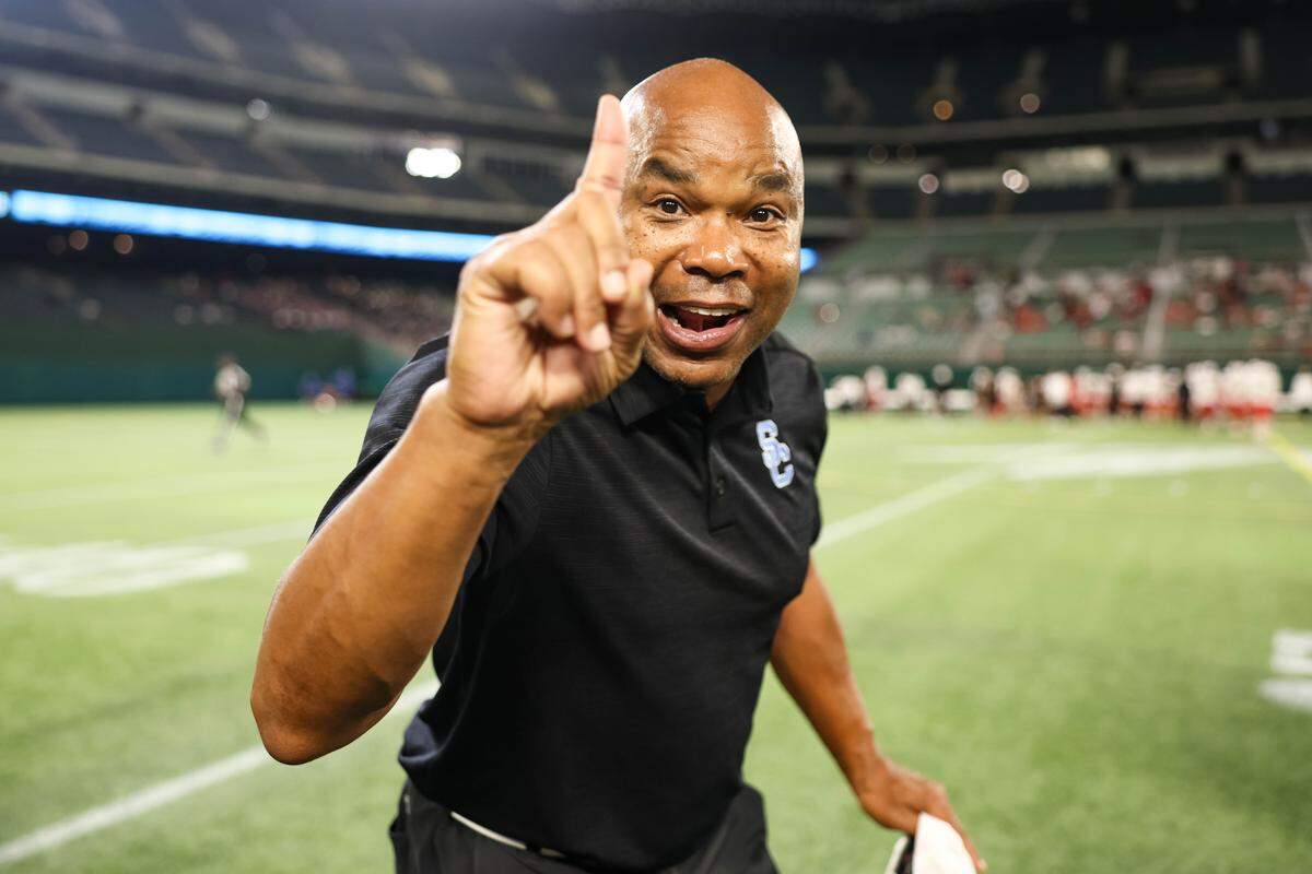 Arlington Seguin head coach Joe Gordon puts a one in the air after Arlington Seguin shutout Burleson 21-0 in a district game between Arlington Seguin and Burleson at Choctaw Stadium in Arlington, Texas on Sept. 11, 2025.