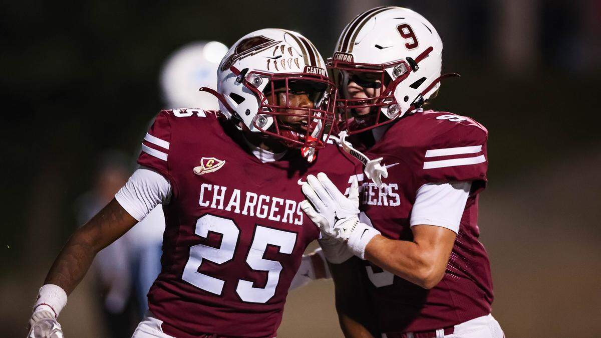 Keller Central running back Anthony France celebrates a touchdown run with his teammate during a district game between Keller Central and L.D. Bell at Keller ISD Stadium in Keller, Texas on October 16, 2025.