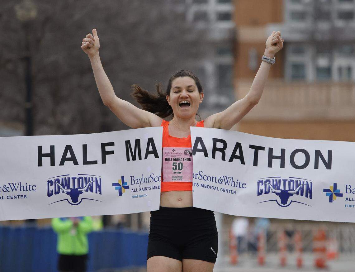 Jeannifer Pope wins the half marathon for the second consecutive year during the 48th running of the Cowtown Marathon at the Will Rogers Memorial Center in Fort Worth, Texas, Sunday, Mar. 01, 2026.