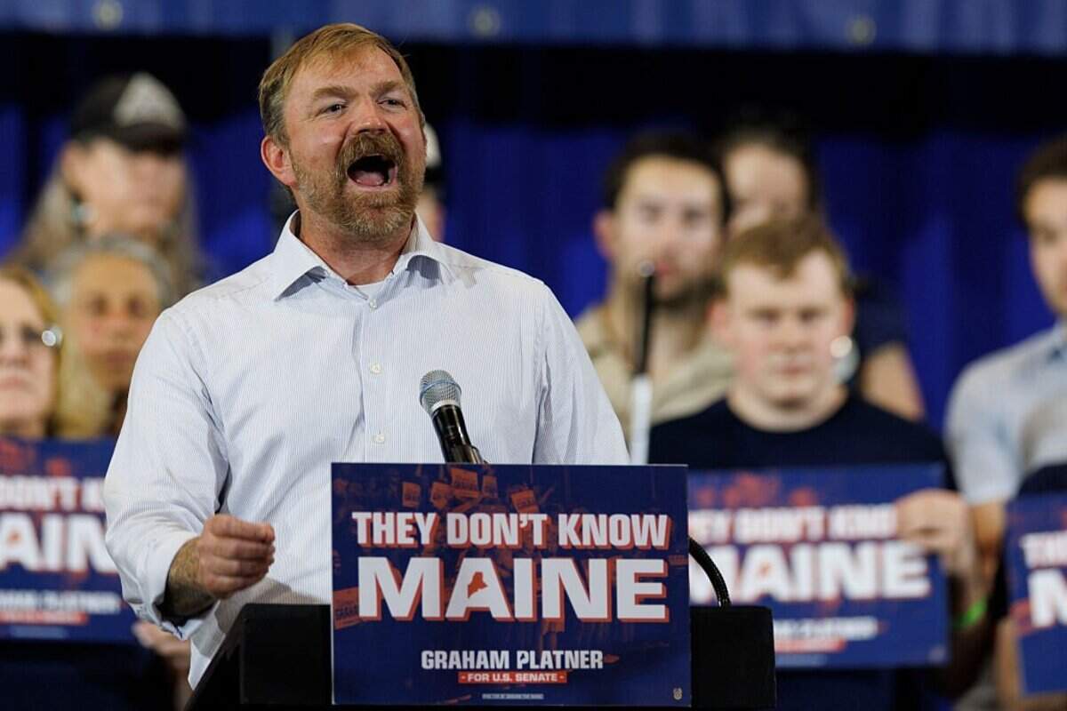 BLUE HILL, MAINE - JUNE 9: Democratic U.S. Senate candidate Graham Platner speaks at his Primary Election event on June 9, 2026 in Blue Hill, Maine. Platner is the presumptive Democratic nominee and will face incumbent Sen. Collins (R-ME) for Maine's U.S. Senate seat in the general election. (Photo by CJ Gunther/Getty Images)
