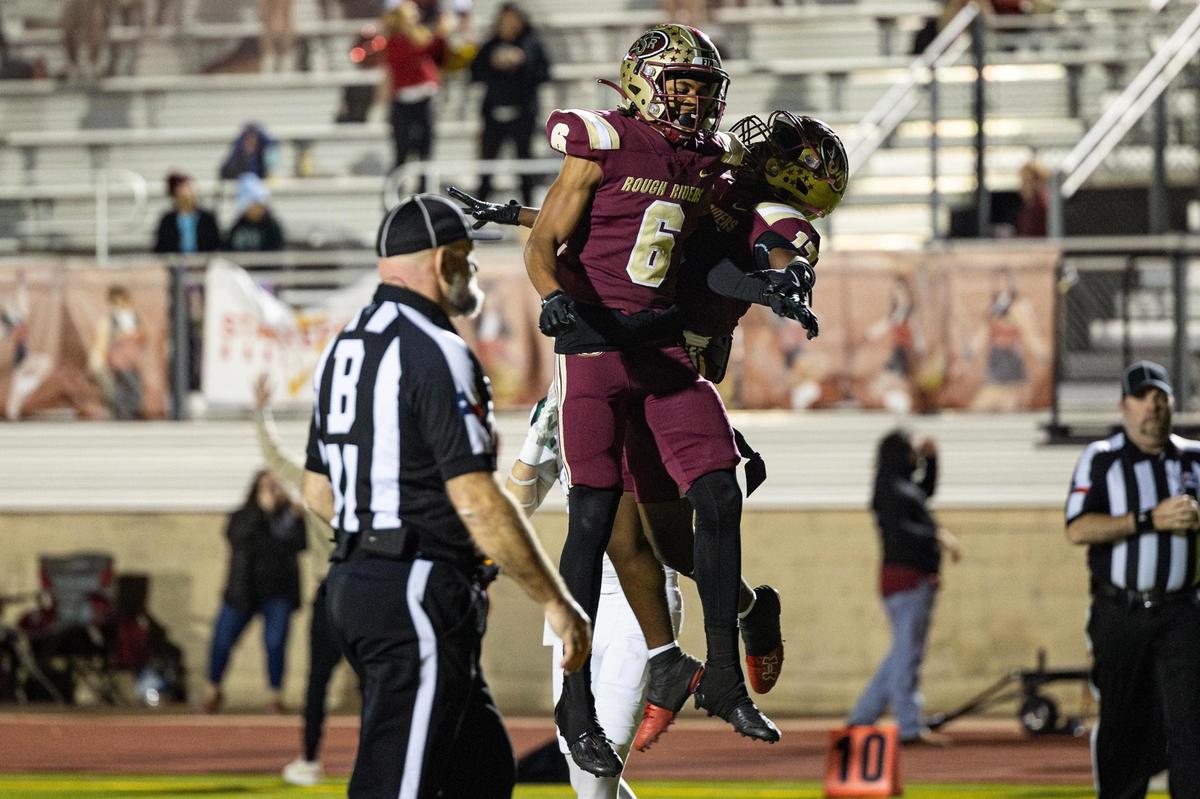 Saginaw wide receivers Isaiah Verdun (6) and Boaz Kaloso (17) celebrates after Kaloso scored a touchdown in the first half of an Class 5A Division I playoffs game between Saginaw and Azle at Rough Rider Stadium in Saginaw on Friday, Nov. 15, 2024.