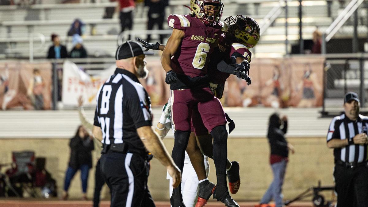 Saginaw wide receivers Isaiah Verdun (6) and Boaz Kaloso (17) celebrates after Kaloso scored a touchdown in the first half of an Class 5A Division I playoffs game between Saginaw and Azle at Rough Rider Stadium in Saginaw on Friday, Nov. 15, 2024.