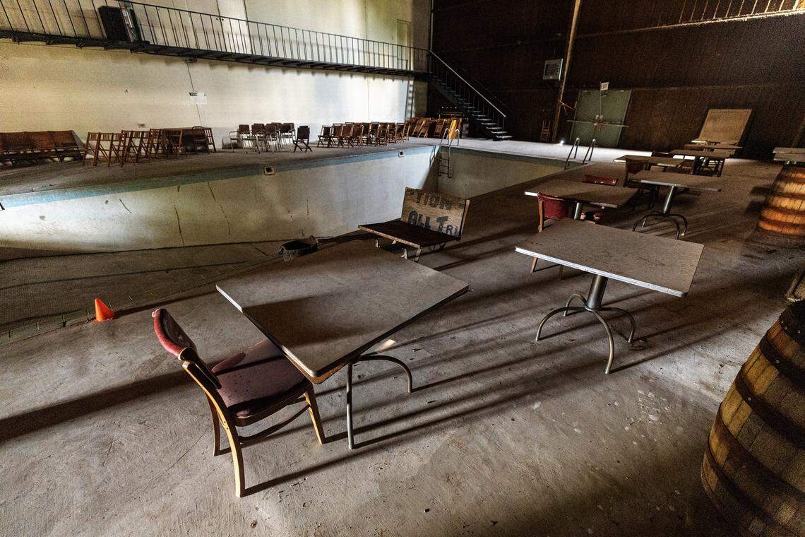 The pool area where the gambling equipment and casino furniture of the former Top O' Hill Terrace casino and speakeasy was stored on Wednesday, July 16, 2025.