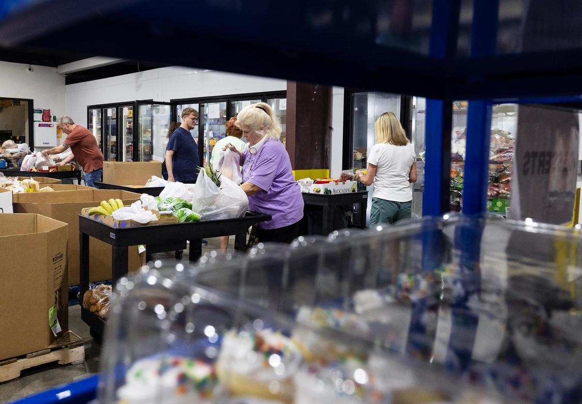Volunteers at Community Link load carts full of groceries from their food pantry for pickup on Tuesday, July 22, 2025, in Saginaw.