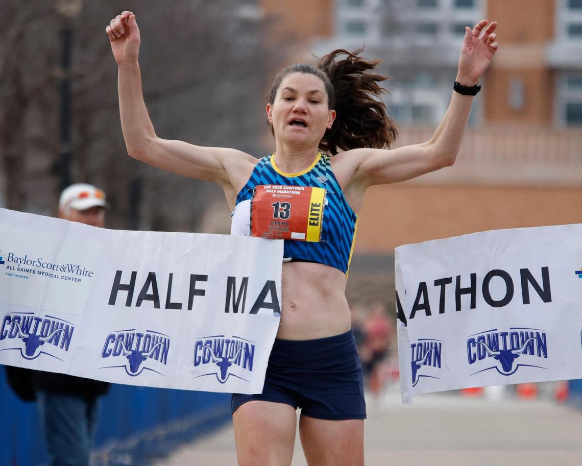 Jennifer Pope won the 2025 Cowtown women’s Half Marathon with a time of 01:18:59 at the Will Rogers Memorial Center in Fort Worth, Texas, Sunday, Feb. 23, 2025.
