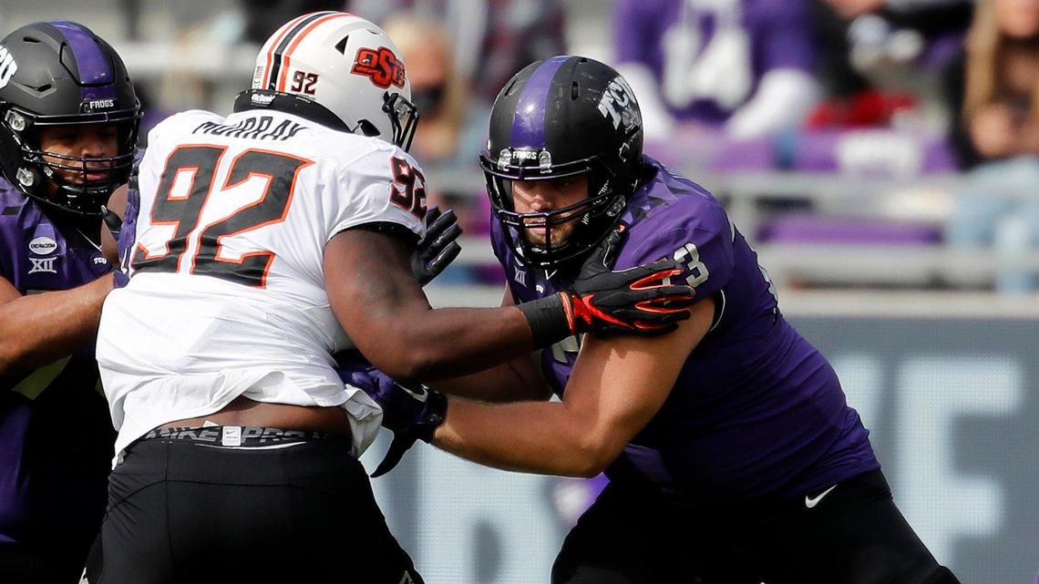 TCU guard Blake Hickey, right, blocks Oklahoma State defensive tackle Cameron Murray during their game Dec. 5 in Fort Worth. Hickey has started the last three games at right guard after coming to the program as a walk-on.