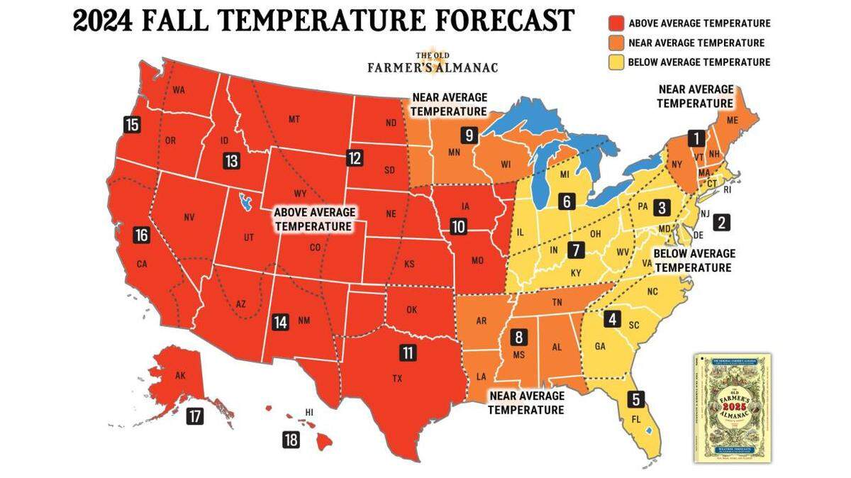 A map of the Old Farmer’s Almanac 2024 fall temperature forecast.