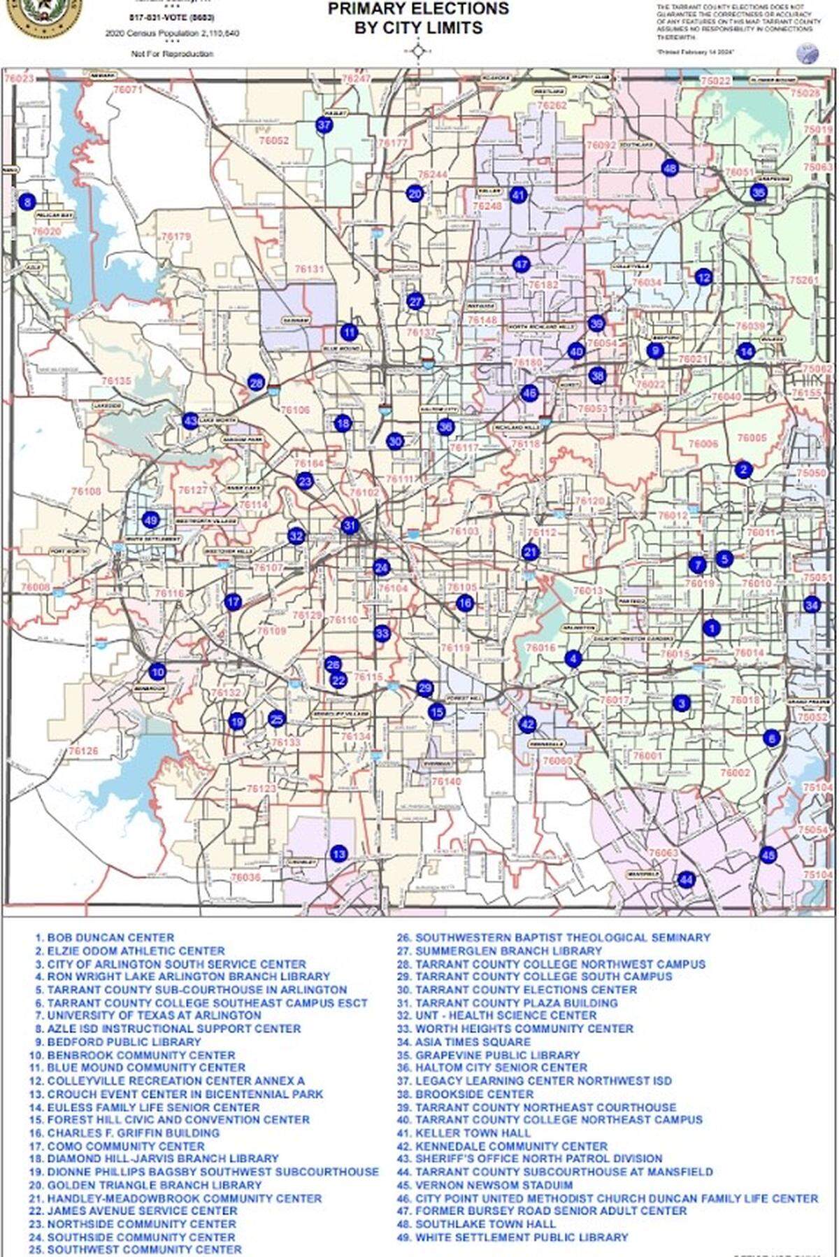 Early voting sites through March 1 for the primary elections March 5. For more detail, see tarrantcountytx.gov/elections.
