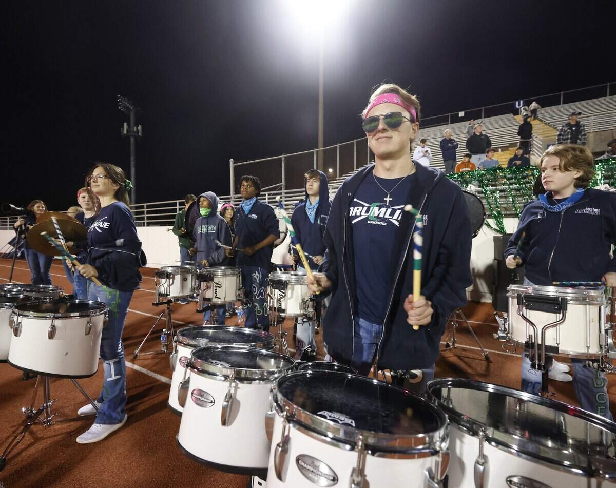 The Oakridge School drumline performs during the second half of the SPC 2025 3A Football Championship football game between The Oakridge School and Fort Worth Country Day at Mavericks Stadium in Arlington, Texas, Saturday Nov. 08, 2025.