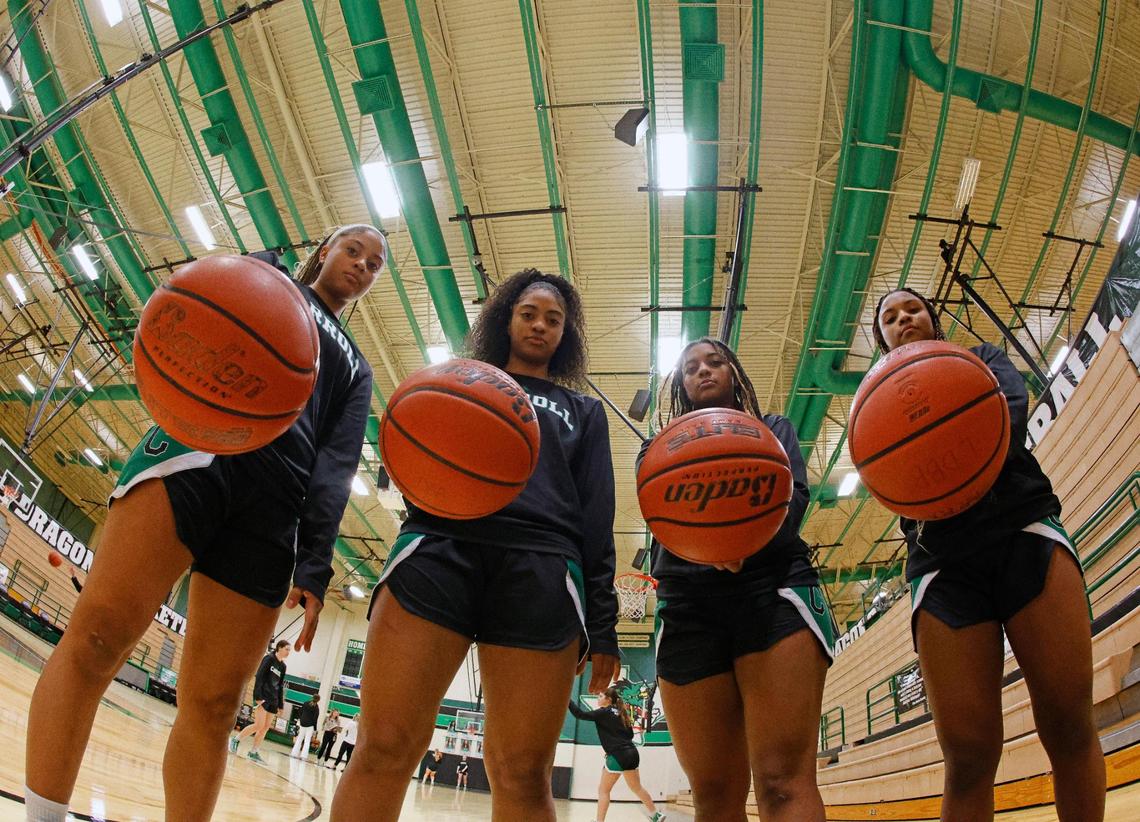 The Jordan sisters, Gianna, Milania, Natalia and Nadia photographed during basketball practice at Southlake Sr. High School in Southlake, Texas, Tuesday, Feb. 06, 2024.