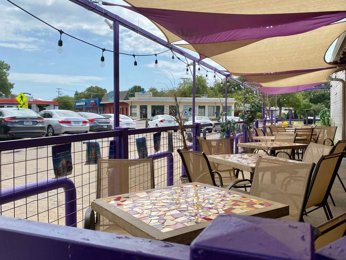 The Purple Frog has a large patio along Blue Bonnet Circle.