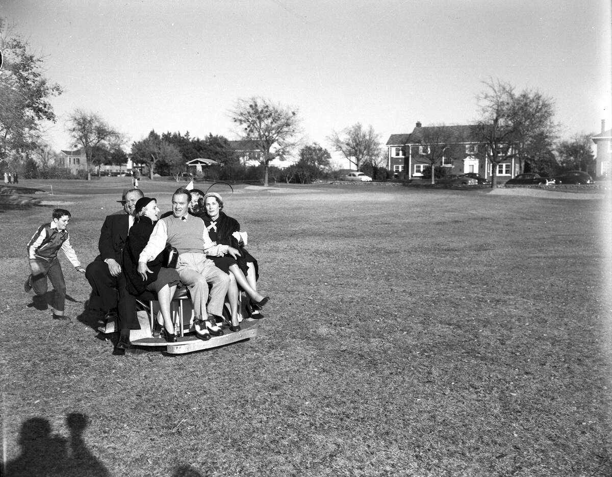 Dec. 4, 1949: From left, David Butler of Hollywood, Mrs. Gaylord H. Chizum, Bob Hope, Mrs. Lee H. Armer and Mrs. Robert K. Hanger, packed aboard a motor-scooter at the River Crest Country Club during the Milk and Ice Fund benefit match between Hope, Byron Nelson, Raymond Gafford and Jimmy Nichols.