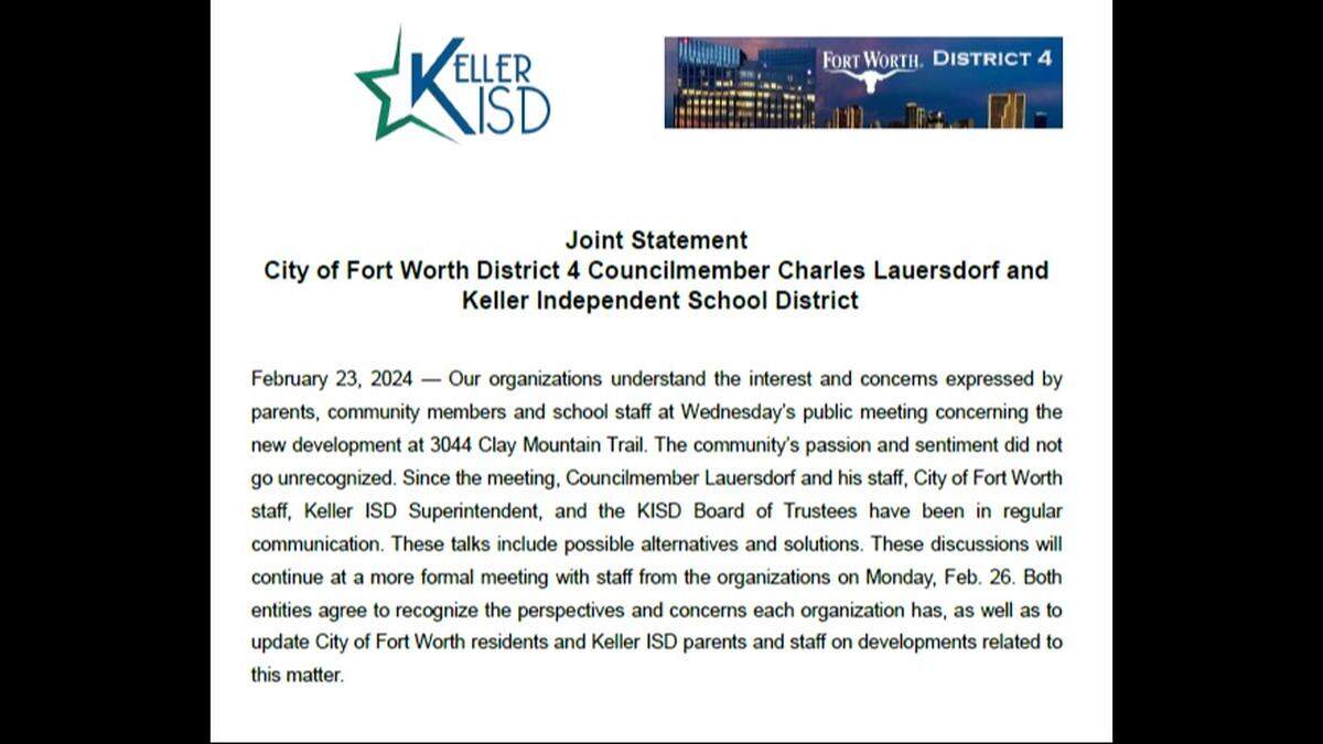 A statement from Fort Worth city council member Charles Lauersdorf and Keller School District officials announcing they plan to meet formally to discuss a controversial motel project planned next to an elementary school.