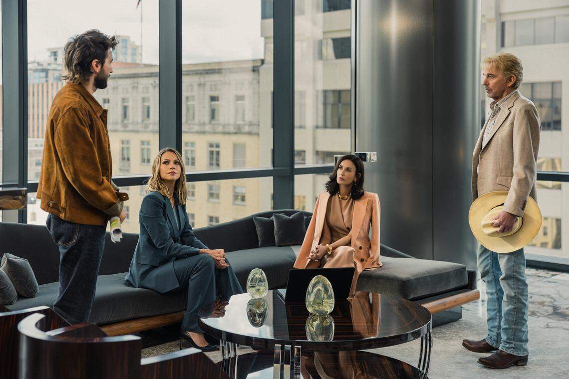 Guy Burnet as Charlie, Kayla Wallace as Rebecca, Demi Moore as Cami and Billy Bob Thornton as Tommy in “Landman” episode 8, season 2, streaming on Paramount+.