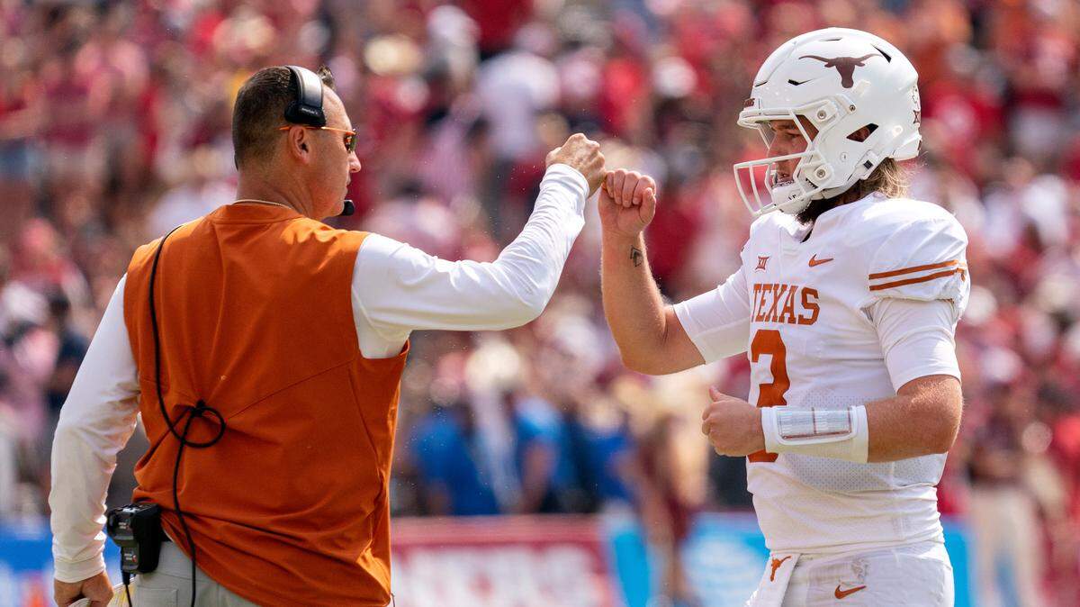 Can quarterback Quinn Ewers (right) and head coach Steve Sarkisian guide Texas to a conference championship in their final year in the Big 12?