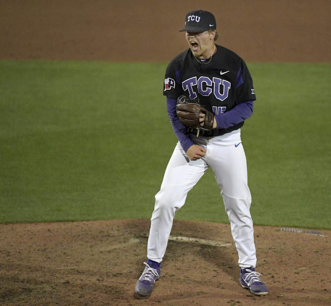 TCU closer Durbin Feltman celebrates after getting the last out against UT Arlington at Lupton Stadium on April 10. Feltman was named to Baseball America’s All-American third team.